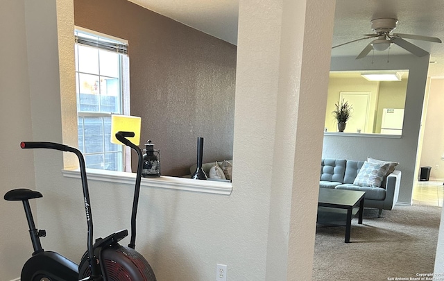 exercise room with carpet flooring and ceiling fan