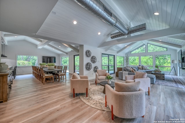 living room featuring beam ceiling, light hardwood / wood-style flooring, and high vaulted ceiling