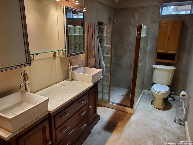 bathroom with vanity, toilet, and walk in shower