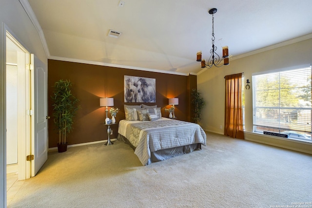 carpeted bedroom featuring vaulted ceiling, ornamental molding, and an inviting chandelier