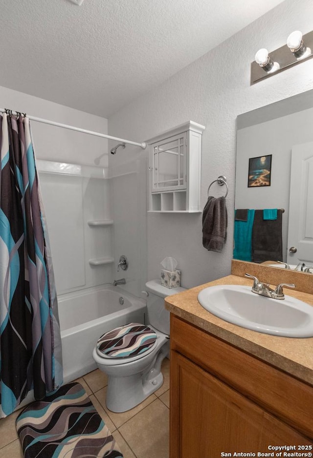 full bathroom with a textured ceiling, shower / bath combo with shower curtain, toilet, and tile patterned flooring