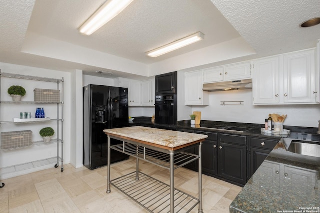 kitchen with a tray ceiling, white cabinets, and black appliances