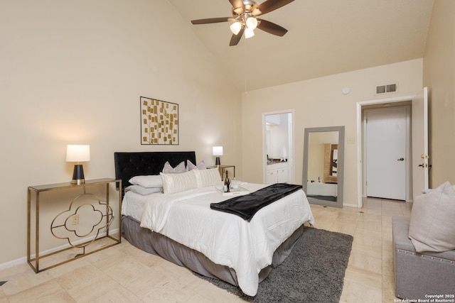 bedroom featuring ceiling fan, high vaulted ceiling, and connected bathroom