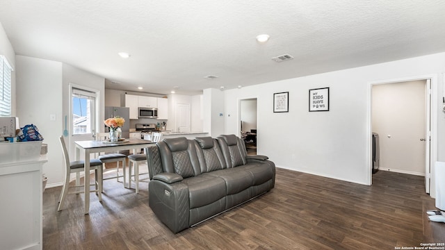 living room with a textured ceiling and dark hardwood / wood-style flooring