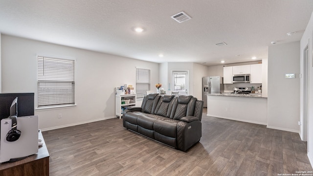 living room with wood-type flooring and a textured ceiling