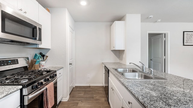 kitchen with sink, white cabinets, light stone counters, dark hardwood / wood-style floors, and stainless steel appliances