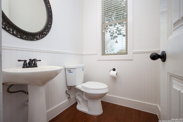 bathroom featuring wood-type flooring, toilet, and sink