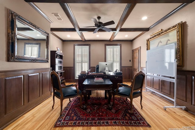 office with light wood-type flooring, ornamental molding, beam ceiling, and coffered ceiling