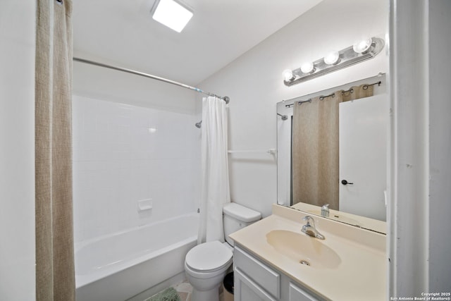 full bathroom featuring toilet, vanity, and shower / bathtub combination with curtain