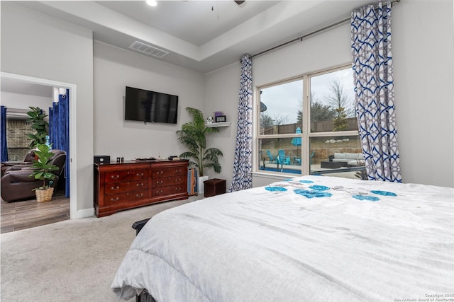 bedroom with a raised ceiling and carpet flooring