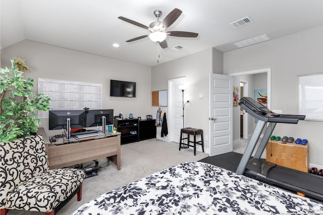 bedroom with ceiling fan, light colored carpet, and vaulted ceiling