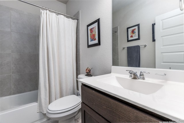 full bathroom with toilet, vanity, and shower / tub combo with curtain