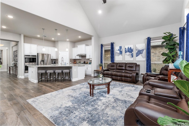 living room featuring high vaulted ceiling, dark wood-type flooring, and sink