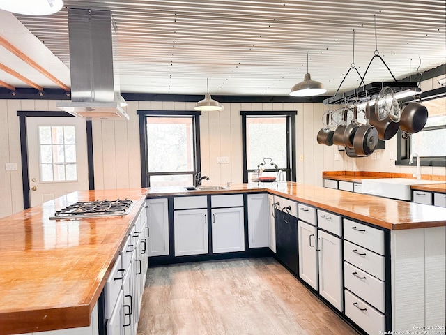 kitchen with butcher block counters, sink, light hardwood / wood-style floors, and island exhaust hood