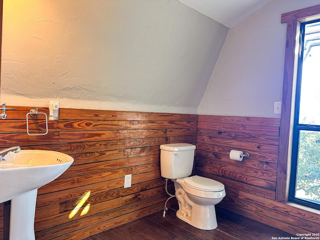 bathroom with sink, wood-type flooring, toilet, and vaulted ceiling