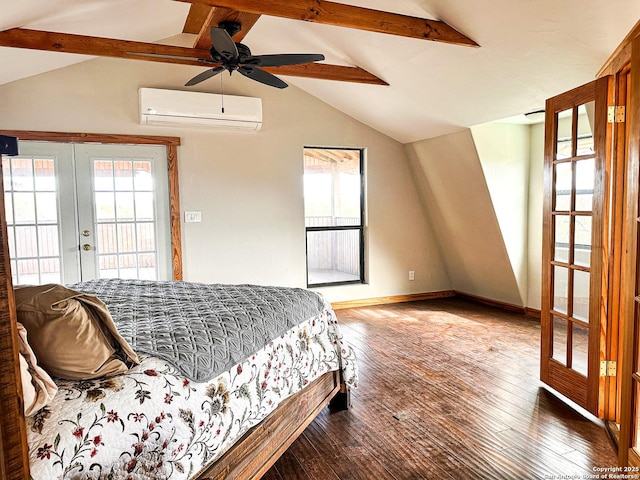 bedroom featuring ceiling fan, access to exterior, hardwood / wood-style floors, french doors, and an AC wall unit