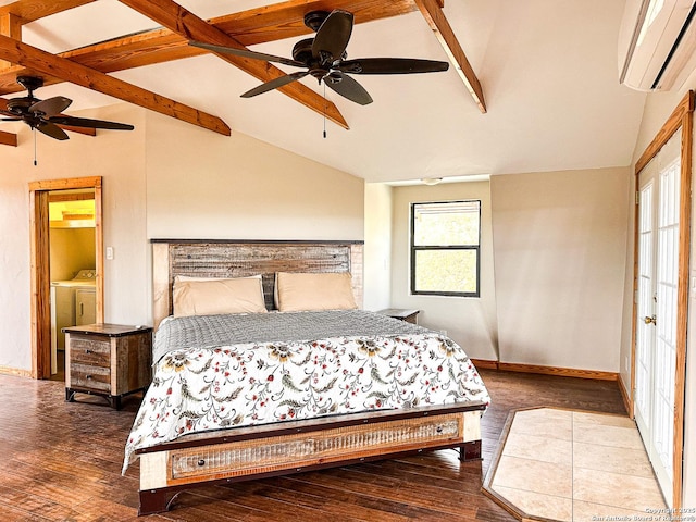 bedroom featuring a wall mounted air conditioner, vaulted ceiling with beams, washing machine and dryer, and ceiling fan