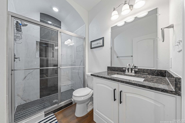 bathroom featuring vanity, toilet, and a shower with door