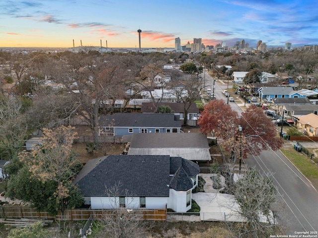 view of aerial view at dusk