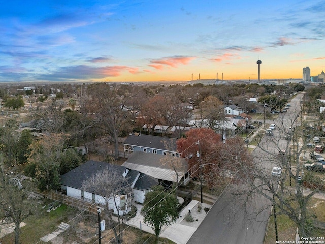 view of aerial view at dusk