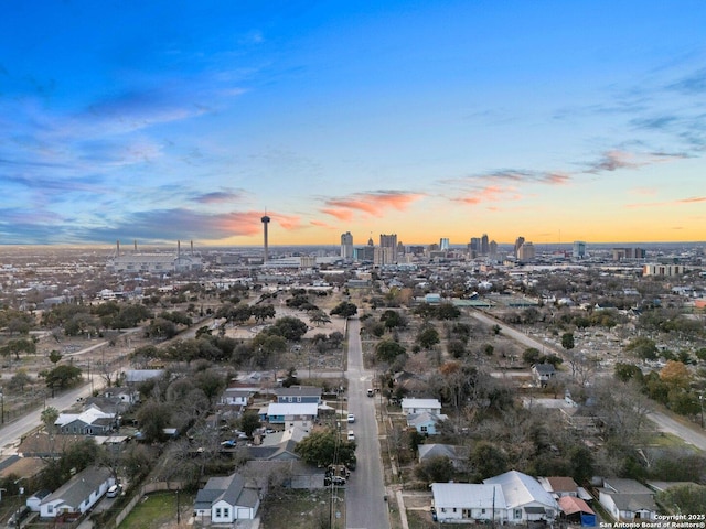 view of aerial view at dusk