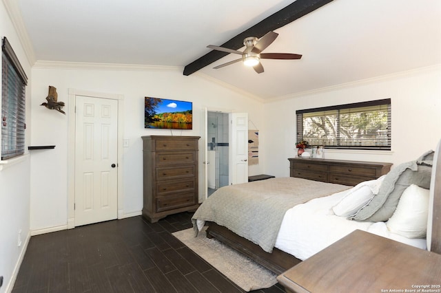 bedroom featuring crown molding, ceiling fan, and vaulted ceiling with beams