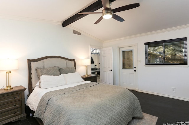 bedroom featuring dark hardwood / wood-style flooring, vaulted ceiling with beams, crown molding, and ceiling fan