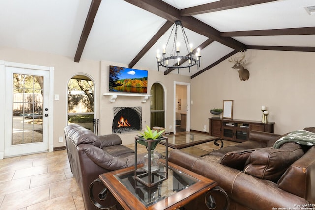 tiled living room featuring a chandelier and vaulted ceiling with beams