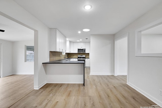 kitchen featuring light hardwood / wood-style floors, white cabinets, sink, kitchen peninsula, and stainless steel appliances