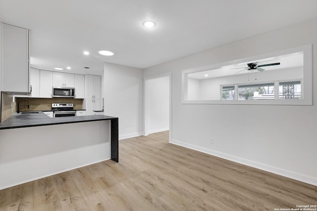 kitchen featuring white cabinets, appliances with stainless steel finishes, sink, backsplash, and kitchen peninsula