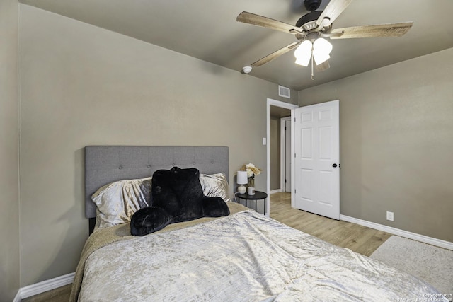 bedroom with ceiling fan and light hardwood / wood-style floors