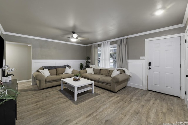 living room with ceiling fan, crown molding, and light wood-type flooring