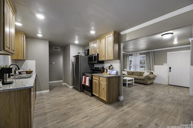 kitchen with sink, light stone counters, light hardwood / wood-style floors, and stainless steel appliances