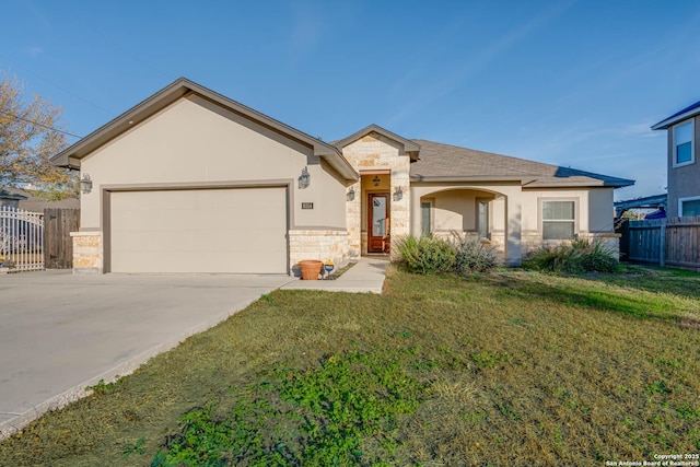 ranch-style house with a garage and a front lawn