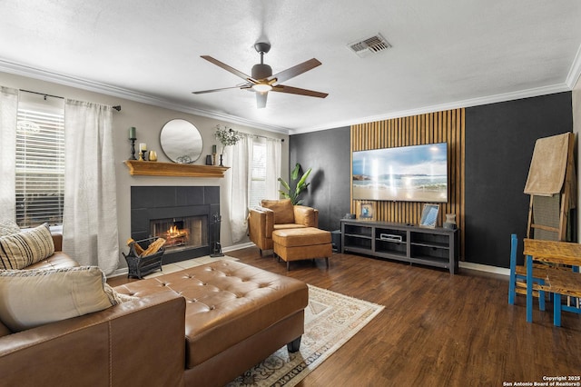 living room with ceiling fan, crown molding, dark hardwood / wood-style floors, and a fireplace