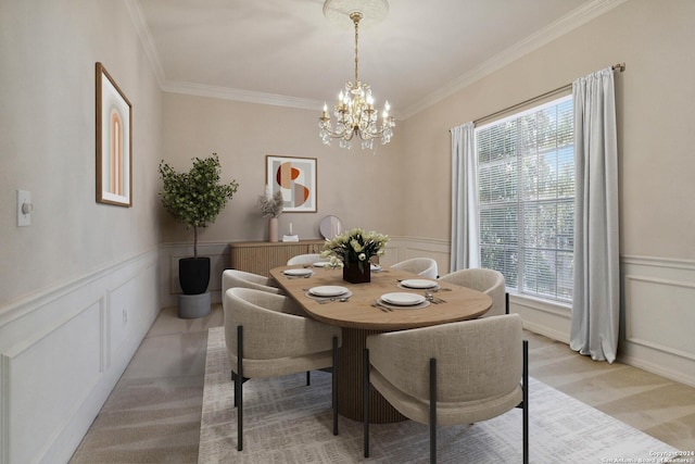 dining room featuring a notable chandelier, a healthy amount of sunlight, ornamental molding, and light carpet