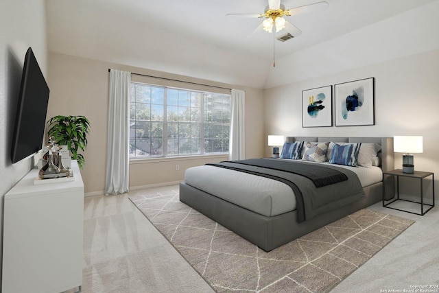 bedroom featuring ceiling fan, light colored carpet, and vaulted ceiling