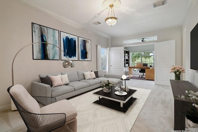 carpeted living room featuring crown molding