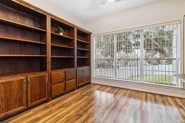 interior space with ceiling fan, plenty of natural light, and light wood-type flooring