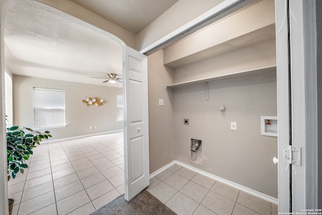 laundry room featuring ceiling fan, hookup for an electric dryer, light tile patterned floors, gas dryer hookup, and washer hookup