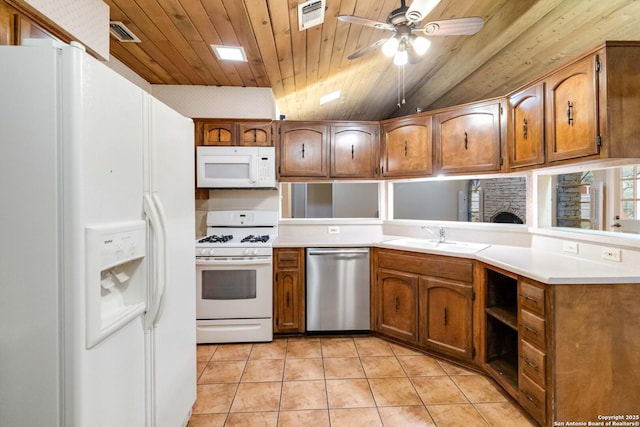 kitchen with sink, white appliances, light tile patterned floors, wooden ceiling, and ceiling fan