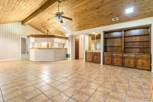 unfurnished living room with vaulted ceiling with beams, wood ceiling, ceiling fan, and light tile patterned flooring