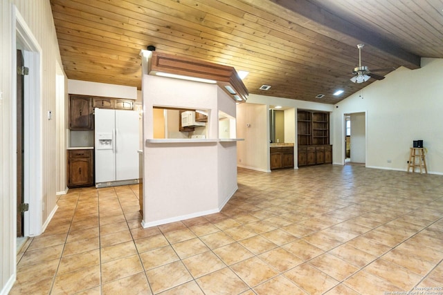 kitchen featuring vaulted ceiling with beams, light tile patterned floors, ceiling fan, wood ceiling, and white appliances