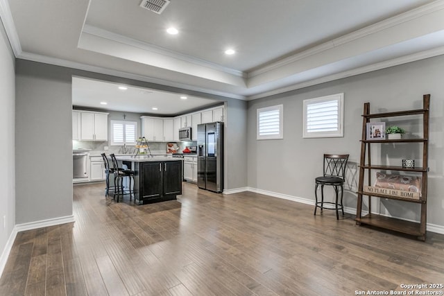 kitchen featuring a breakfast bar area, a tray ceiling, a kitchen island, stainless steel appliances, and white cabinets