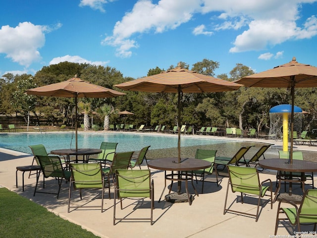 view of pool with a patio area and pool water feature