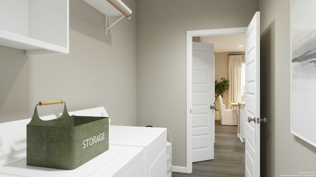 laundry area with independent washer and dryer and dark hardwood / wood-style floors