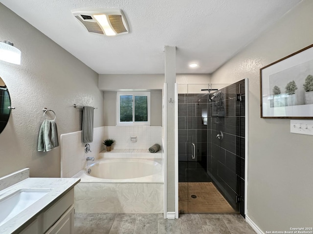 full bath with visible vents, a textured ceiling, vanity, a shower stall, and a bath