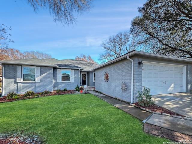 ranch-style house with a front yard, brick siding, driveway, and an attached garage