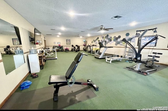 gym featuring visible vents, ceiling fan, and a textured ceiling