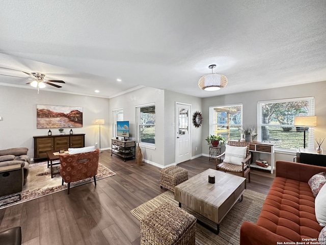 living room featuring baseboards, ornamental molding, wood finished floors, a textured ceiling, and recessed lighting